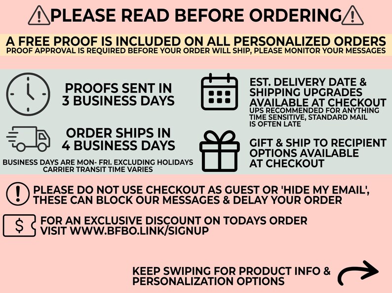 a series of instructions and guidelines for a personalized order, including a free proof, proof approval, order shipping, order shipping options, gift and shipping, and personalization options.