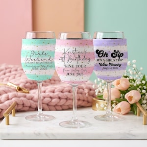 Funda personalizada para copa de vino, regalos para viajes de chicas, funda para copa de vino, imprescindibles para un fin de semana vinícola, recuerdos para despedidas de soltera con temática de vino.