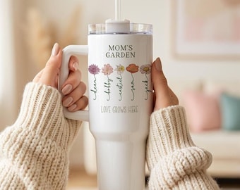 Birth Flower Tumbler for Mom, Personalized Mom Gift with Kids Names, Mom’s Garden Cup, Mother’s Day Gift, Custom Floral Tumbler