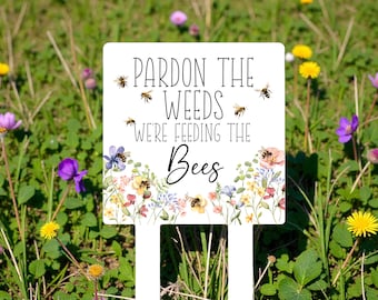No Mow May Yard Sign with Stake, Pollinator Garden Sign Metal, Bee Sign for Yard, Wildflower Sign for Native Plant Habitat, Dandelion Marker