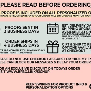 a series of instructions and guidelines for a personalized order, including a free proof, proof approval, order shipping, order shipping options, gift and shipping, and personalization options.