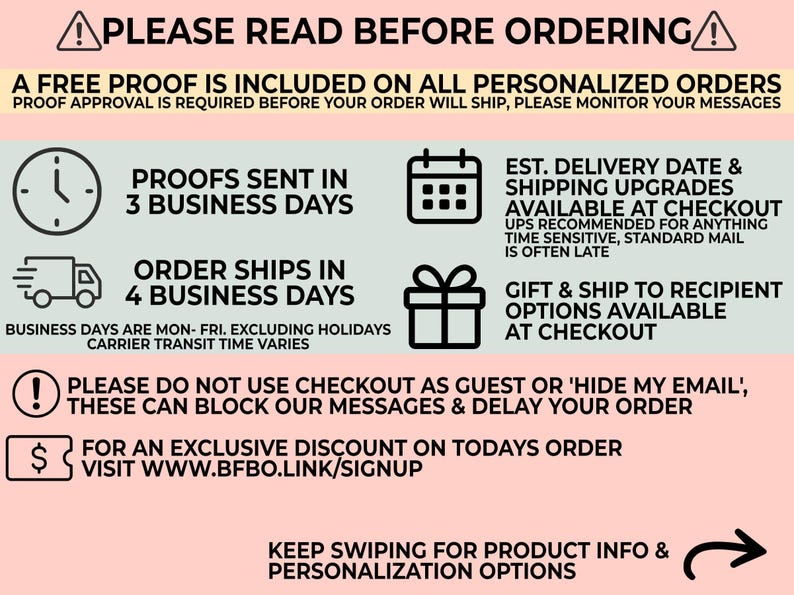 a series of instructions and guidelines for a personalized order, including a free proof, proof approval, order shipping, order shipping options, gift and shipping, and personalization options.