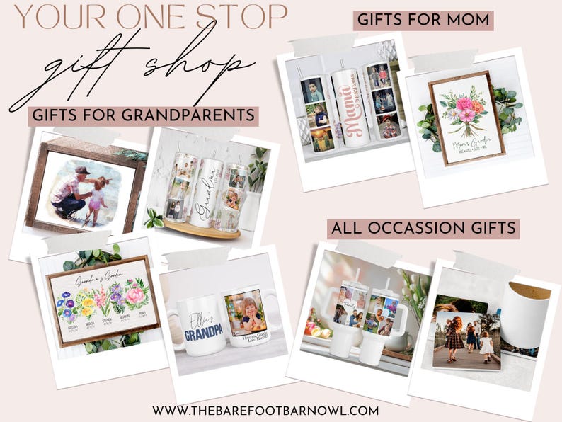 a collage of photos with the words, your one stop gift shop gifts for