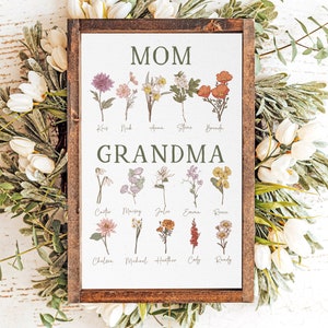 First Mom Now Grandma Sign, Mothers Day Gifts for Grandma, Birth Flower Sign, Gift for Grandma Birthday, Birth Flower Picture Gift