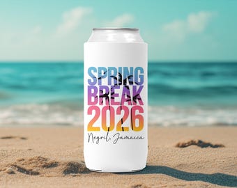 May include: A white slim can cooler featuring a colorful gradient print that reads SPRING BREAK 2026 in bold block letters with black palm tree silhouettes layered over the text and the script text Negril, Jamaica printed below.
