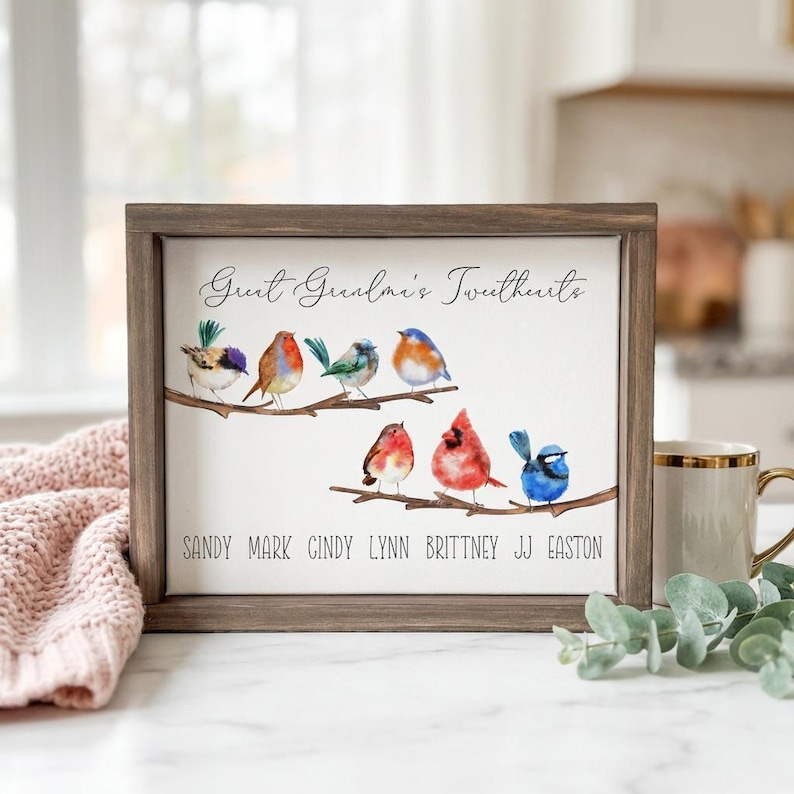 Personalized Grandma Bird Family Print, Custom Grandchildren Names Wall Art, Bird Watching Gift for Grandma image 1