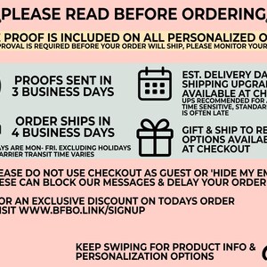 a series of instructions and guidelines for a personalized order, including a free proof, proof approval, order shipping, order shipping options, gift and shipping, and personalization options.