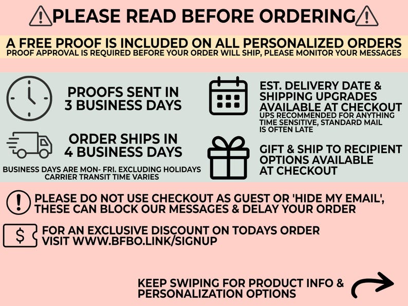 a series of instructions and guidelines for a personalized order, including a free proof, proof approval, order shipping, order shipping options, gift and shipping, and personalization options.
