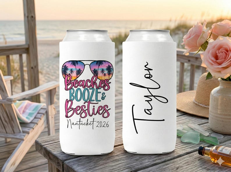 Beach Can Cooler Personalized, Beaches Booze Besties Can Cooler, Girls Trip Gift, Custom Bachelorette Can Cooler, Spring Break Party Favors image 7