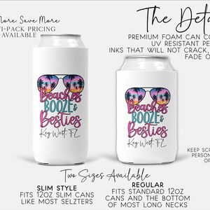 Beach Can Cooler Personalized, Beaches Booze Besties Can Cooler, Girls Trip Gift, Custom Bachelorette Can Cooler, Spring Break Party Favors image 3
