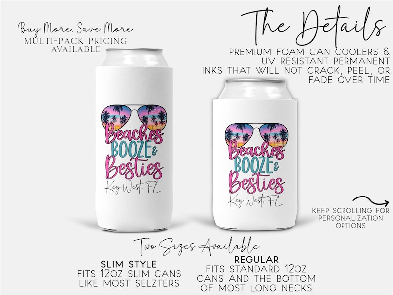 Beach Can Cooler Personalized, Beaches Booze Besties Can Cooler, Girls Trip Gift, Custom Bachelorette Can Cooler, Spring Break Party Favors image 3