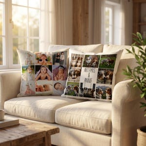May include: Two square throw pillows featuring photo collages. The left pillow displays various portraits of children. The right pillow showcases multiple images of dogs and includes the centered black text "ARTEMIS & ANNIE" on a white background.