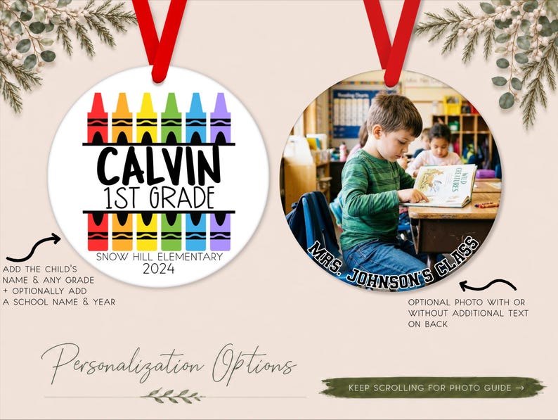 Kindergarten Ornament with Picture, Preschool Ornament Personalized, School Ornament for Kid, Kids Ornament Personalized, 1st Grade Ornament image 4