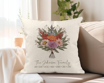 Birth Flower Bouquet Pillow for Mom, Personalized Mom Pillow, Mothers Day Gift from Kids, Custom Flower Family Pillow