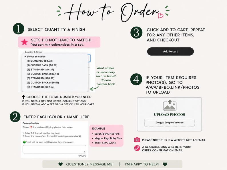 The image is a step-by-step guide on how to order items online, with a focus on customizing the order based on the user's preferences.