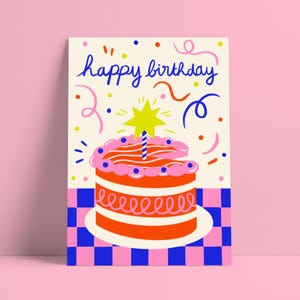 Carte d'anniversaire "Happy Birthday"  avec enveloppe - A6 - illustration colorée - gâteau - carte drôle - cadeau - carte de vœu - original
