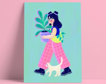Illustratie "Plantenliefhebber" - A4, A5, A6 formaten - Kleurrijke illustratie - Wanddecoratie - Cadeau-idee - Briefpapier - Kat - Lente