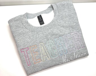 Personalized Teacher Sweatshirt – Embroidered Rainbow Outline Crewneck