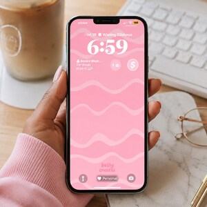 Rosa vågig iPhone-bakgrund, tjejigt låsskärm, anpassningsbar widget (digital nedladdning)