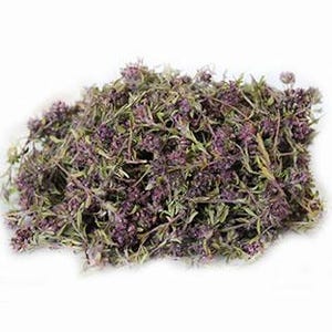 May include: A collection of dried thyme, featuring tiny purple flowers and green stalks, set against a white backdrop. The image emphasizes the herb's natural texture and colour variations. The thyme is presented to highlight its culinary and aromatic properties.