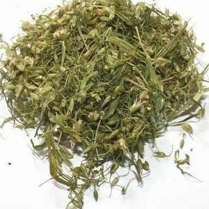 May include: A pile of dried, green plant material with small seed pods. The plant matter is a mix of light and dark green hues, with a few tan-colored seed heads. The image is set against a plain white background.