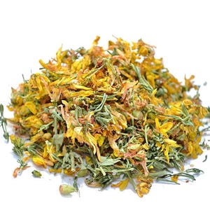 May include: A close-up of dried St. John's Wort, showing yellow flower petals and green leaves. The herbal product is presented on a white background, emphasizing the natural colours and textures of the dried plant material.