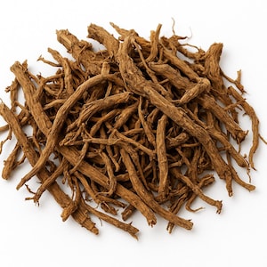 Könnte beinhalten: Ein Haufen getrockneter, brauner Baldrianwurzelstücke vor weißem Hintergrund. Die Wurzeln sind lang, dünn und haben eine raue Textur. Das Bild ist eine Nahaufnahme, die die Details der Wurzeln zeigt.