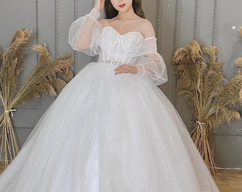 Refined white long or drop sleeves off the shoulder ballgown wedding dress with lace - Various styles
