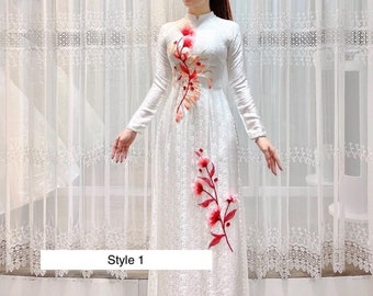 Simple White Traditional Vietnamese Wedding Ao Dai in jacquard or silk with floral beaded patterns - Various styles