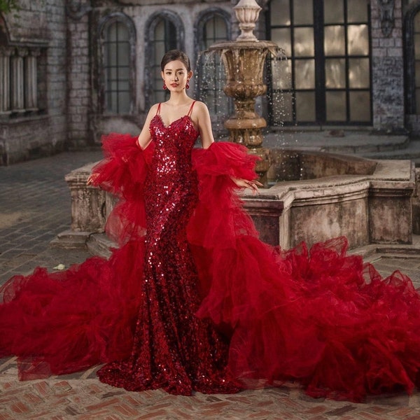 Claudia/Manta dress - Dramatic red sleeveless sequin or tiered skirt mermaid wedding/evening gown with detachable train