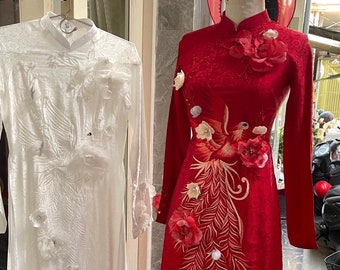 Traditional red Vietnamese Wedding Ao Dai with beaded/embroidered phoenix patterns - optional head piece