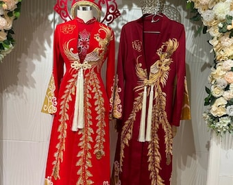 Red bridal overcoat for Traditional Vietnamese Wedding Ao Dai with hand drawn phoenix patterns