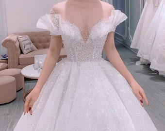 Amazing princess white sparkle cap/drop sleeves beaded lace wedding dress with glitter tulle - various styles