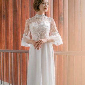 Various styles - Traditional Vietnamese Wedding Ao Dai in white with floral lace or glitter lace - optional head piece