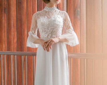 Various styles - Traditional Vietnamese Wedding Ao Dai in white with floral lace or glitter lace - optional head piece