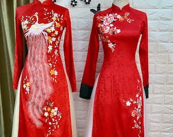 Various styles - Traditional red jacquard or lace Vietnamese Wedding Ao Dai with embroidered phoenix, flowers or fish - optional head piece