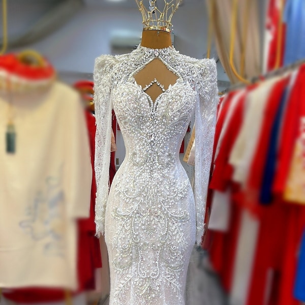 Luxurious long sleeves white sparkly beaded mermaid wedding dress - various styles