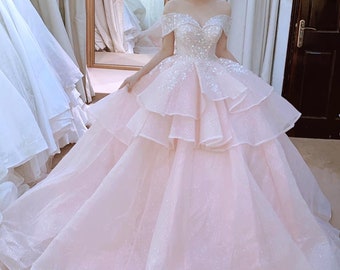 Nude pale pink sparkle drop sleeves ball gown tiered skirt wedding dress with glitter tulle - various styles