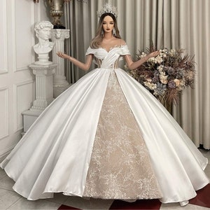 Sala - Royale vintage inspired unique white satin ballgown wedding dress with lace panels