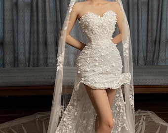 Sleeveless white lace short wedding/reception dress with attached or detachable train - various styles