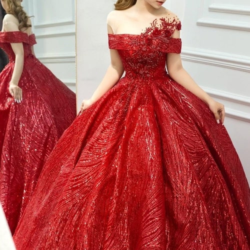 Pretty Princess off the Shoulder Red Sparkle Ball Gown Wedding - Etsy