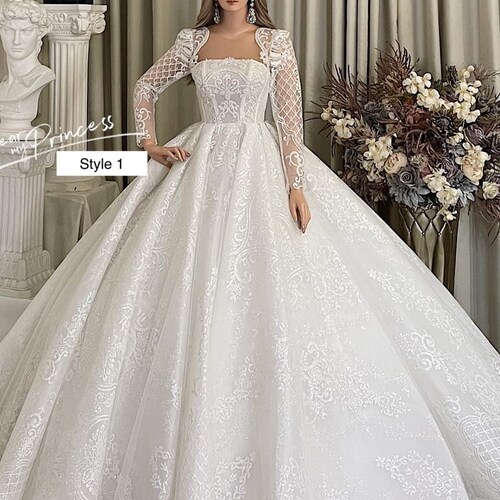 Royal Long Sleeves White Satin Ball Gown Wedding Dress With - Etsy