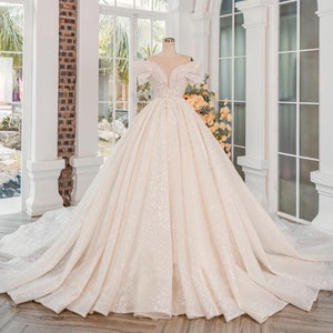 Glowing queen style sleeves sparkly white ball gown wedding dress with glitter tulle and train - various styles