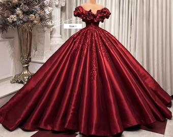 Cherry red princess off the shoulder satin ball gown wedding/prom dress - various styles