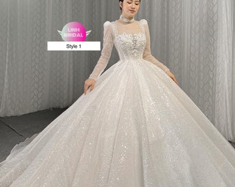 Queen sparkle long sleeves beaded bodice wedding dress with sparkly glitter tulle - various styles