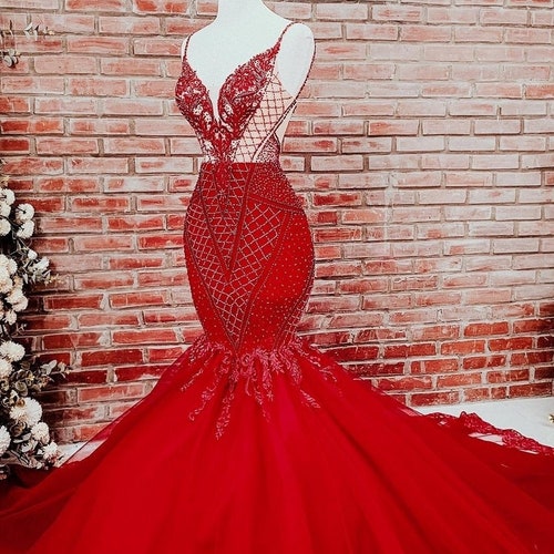 Dramatic Red Beaded Fit and Flare Wedding/evening Gown With - Etsy