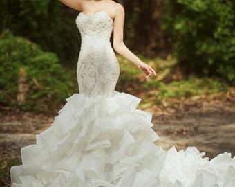 Extravagant super ruffled tiered skirt white off the shoulder satin or lace trumpet/mermaid wedding dress with long train