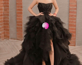 Mysterious black sleeveless high-low tiered skirt or long sleeves tulle A-line wedding/prom dress with train - various styles