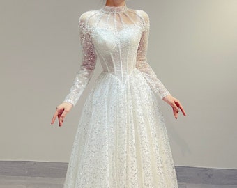 Cute long sleeve sparkly a-line white wedding dress with glitter or sequins - various styles