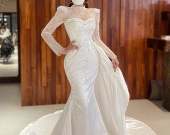 White long sleeves satin mermaid wedding dress with detachable or attached train - various styles